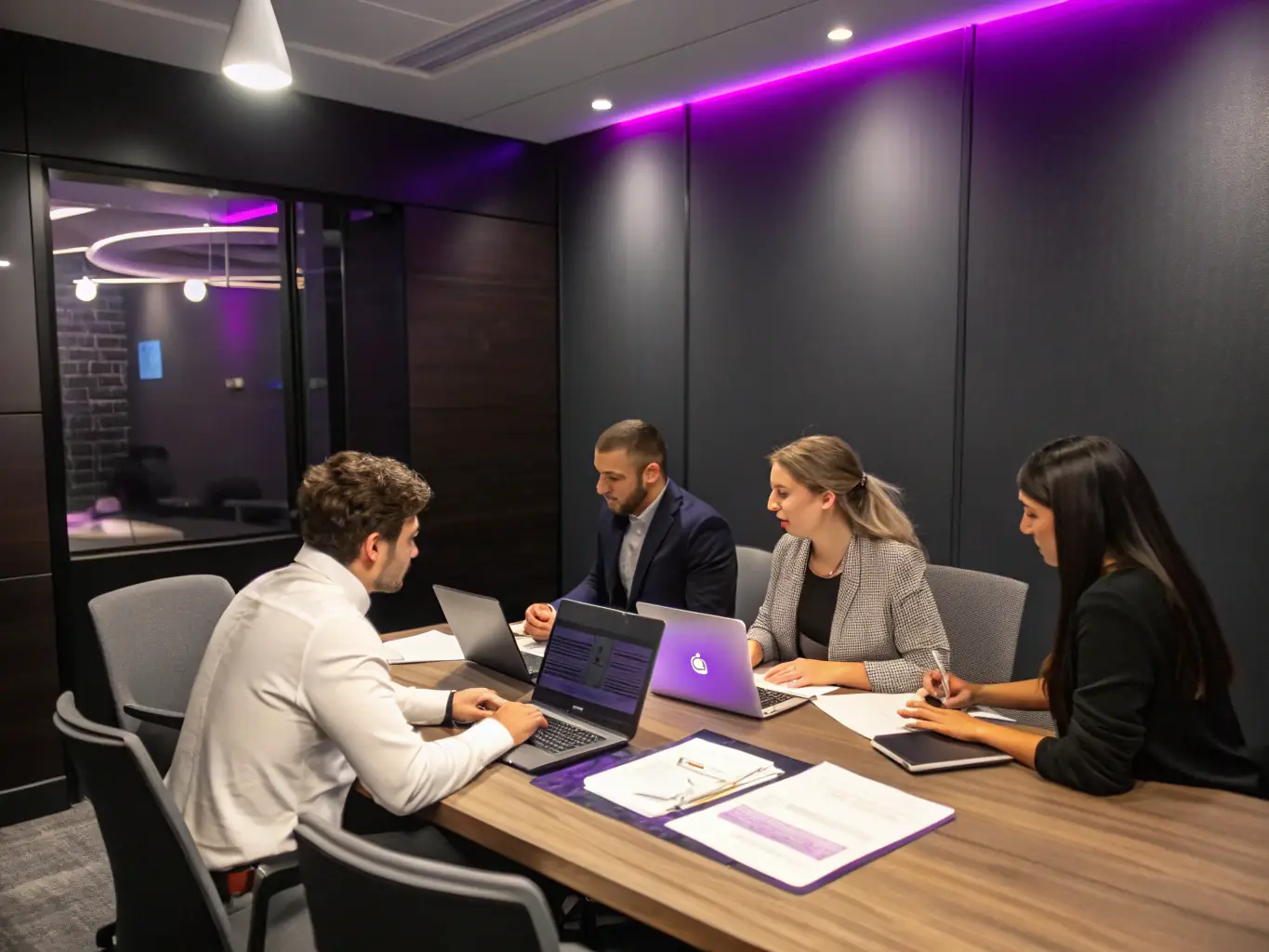 An image of a professional team in a government meeting, reviewing project plans and documents.