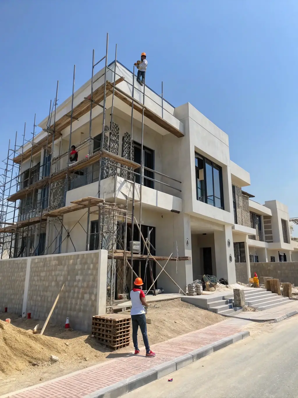 A modern, high-rise residential building under construction, showcasing Astro AMC's real estate development capabilities. The image should convey progress and innovation in residential construction.