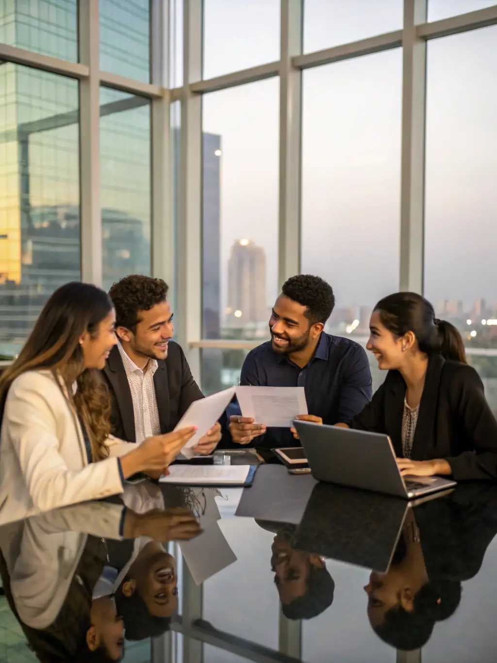 A professional photograph of a team of Astro AMC consultants meeting with government officials in a modern office setting, emphasizing collaboration and expertise.