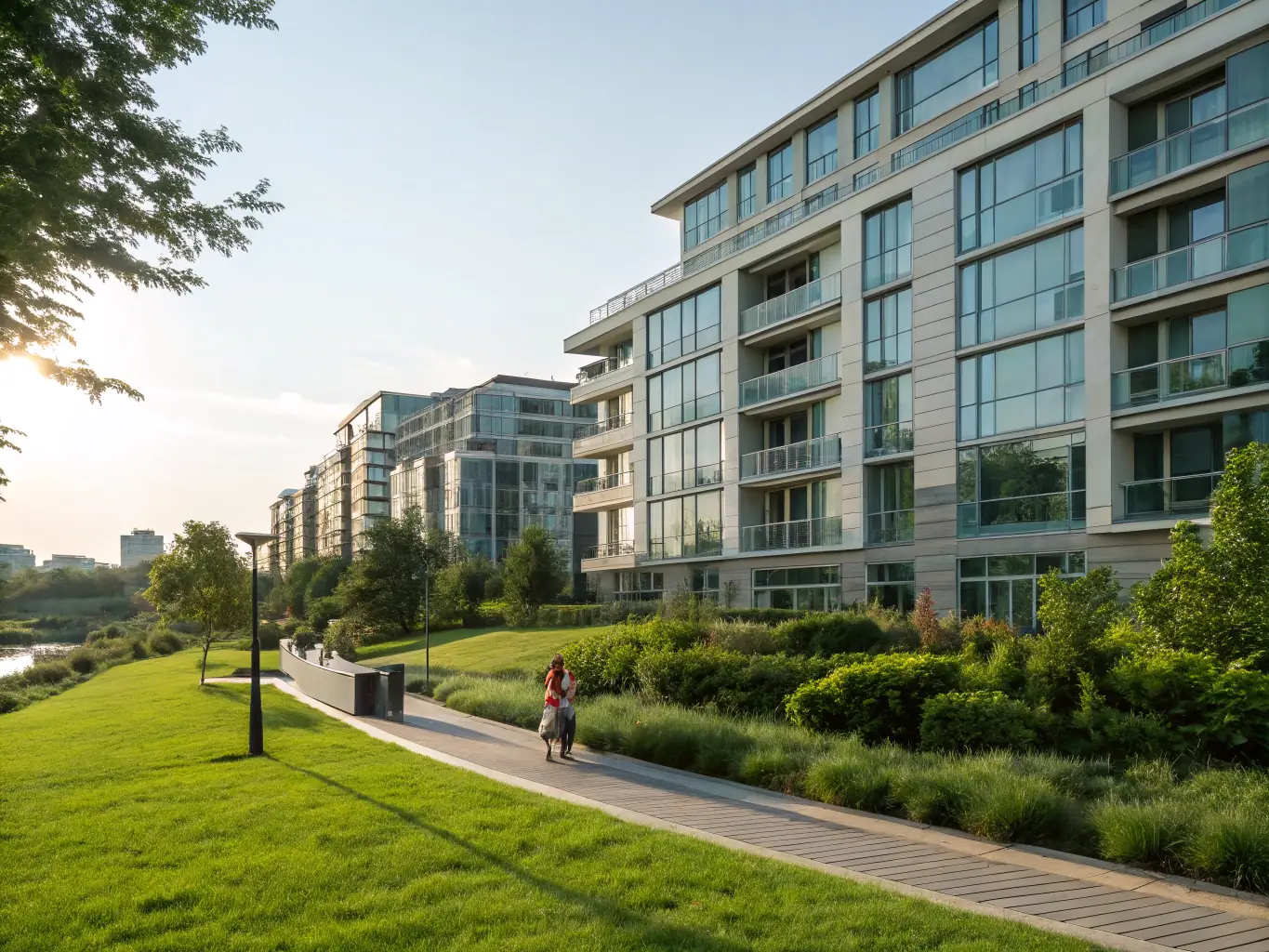 A modern apartment complex with well-maintained landscaping, showcasing residential property management services offered by Astro AMC.