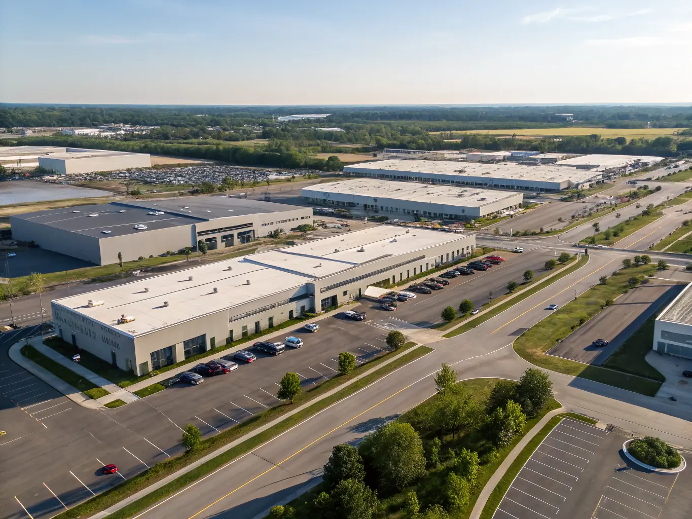An aerial view of an industrial park, highlighting Astro AMC's capabilities in managing industrial properties.