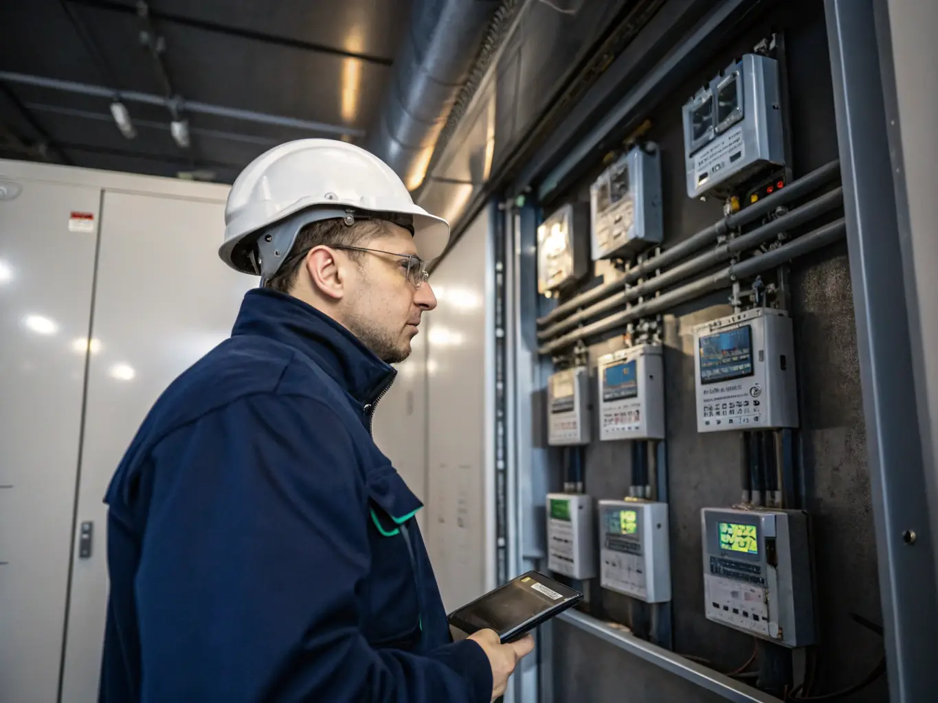 An engineer in a hard hat inspects a building’s mechanical room, examining electrical panels and structural elements, symbolizing the diagnostic phase for infrastructure and compliance issues.