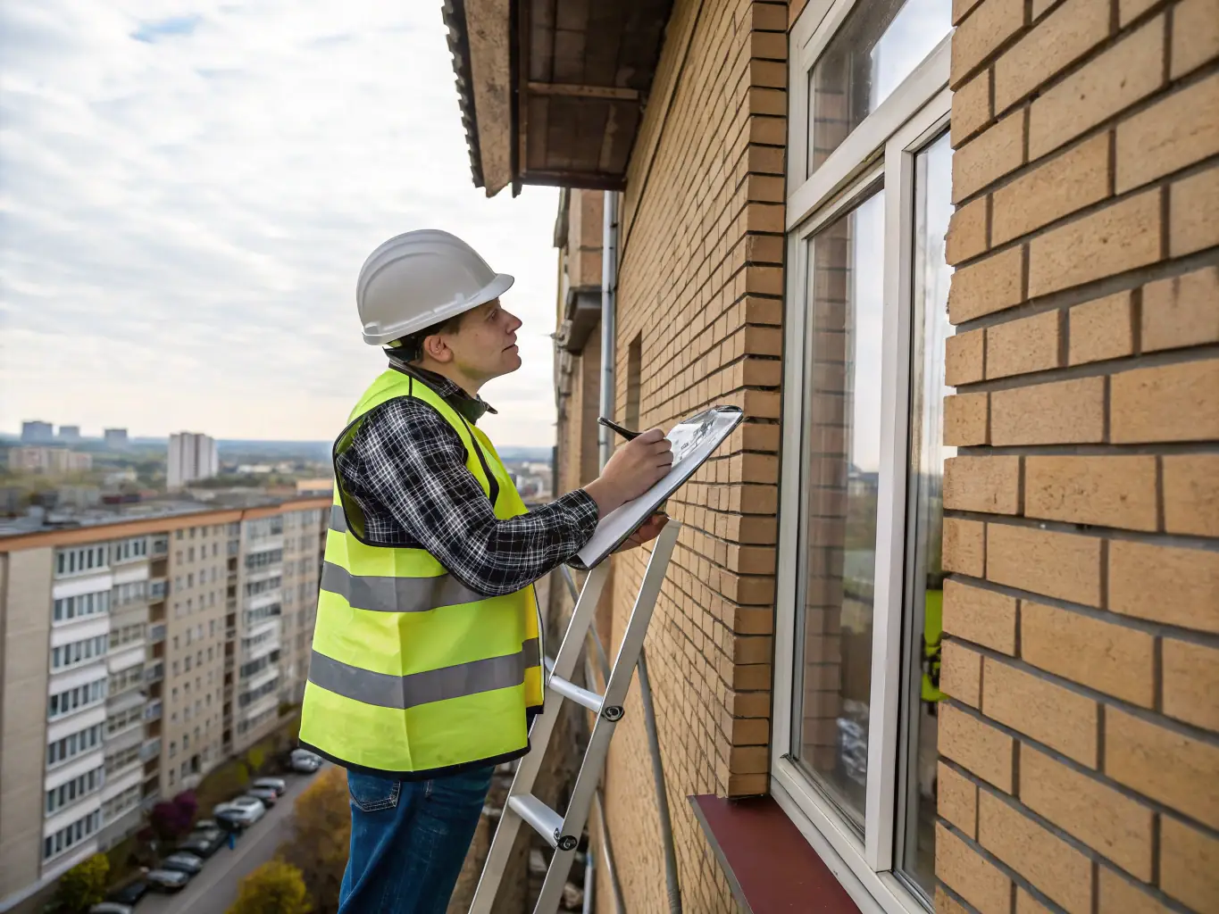 A professional inspector in a hard hat reviews a building’s exterior with a clipboard, highlighting areas of concern for insurance compliance, set in front of a mid-rise Florida condominium.