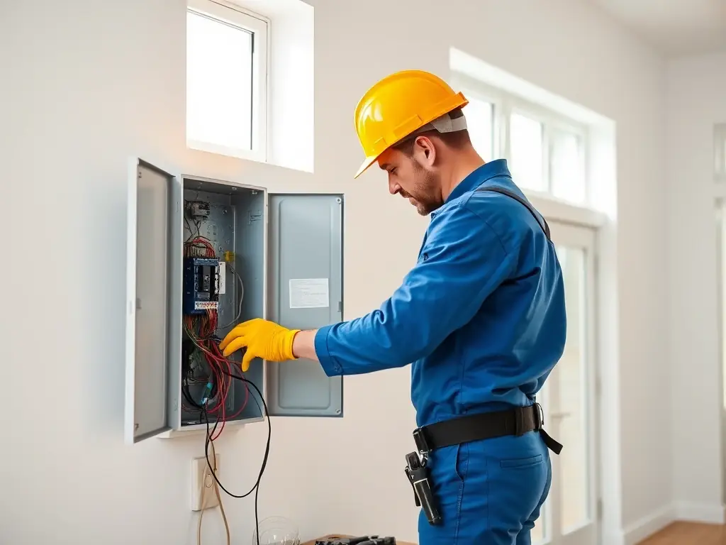 A construction manager oversees a team installing new electrical panels and modernizing building systems in a well-lit mechanical room, with visible safety signage and updated equipment.
