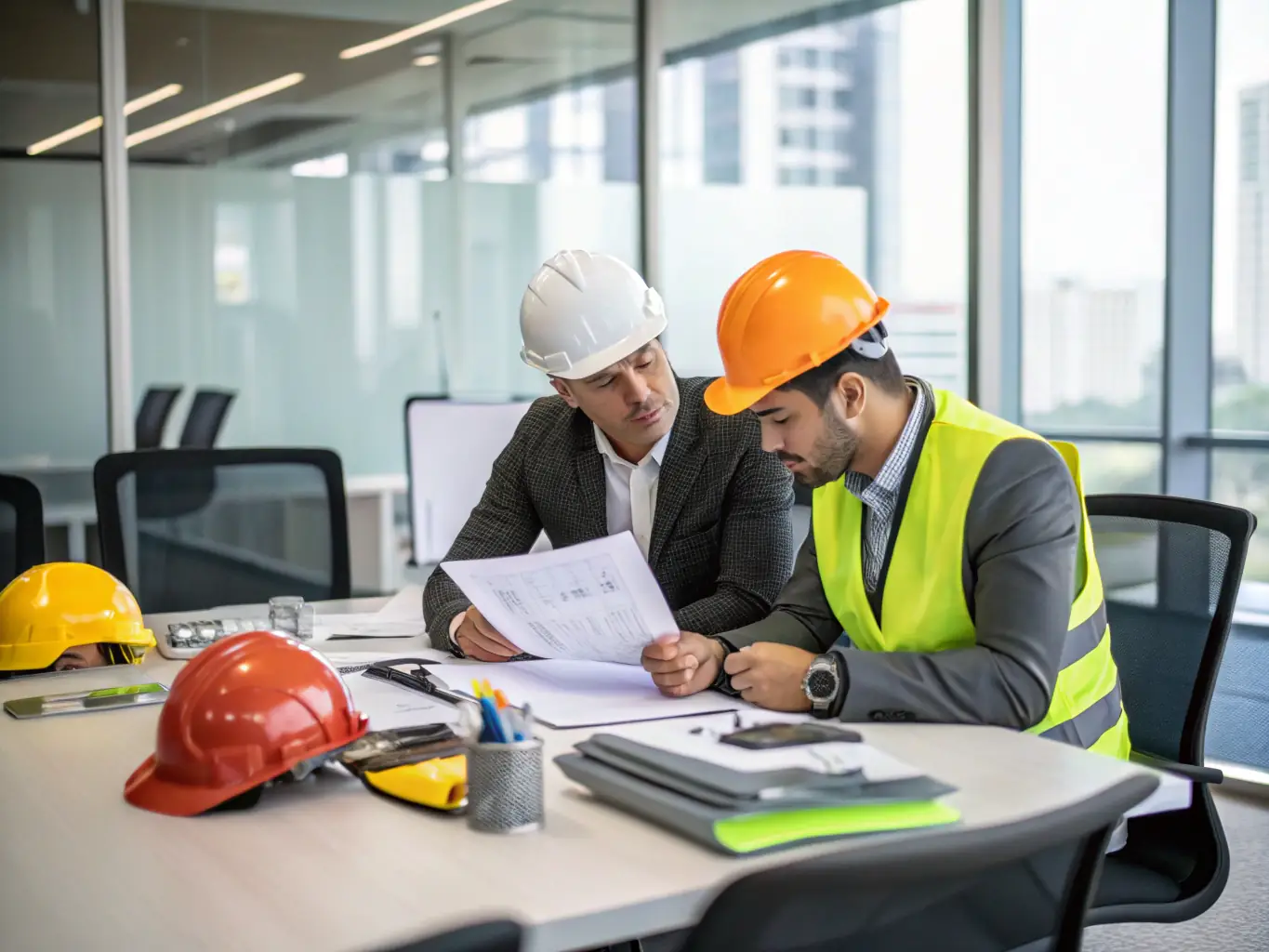 An engineer and property manager discuss blueprints and recertification documents inside a modern building lobby, with visible technical drawings and compliance checklists on the table.
