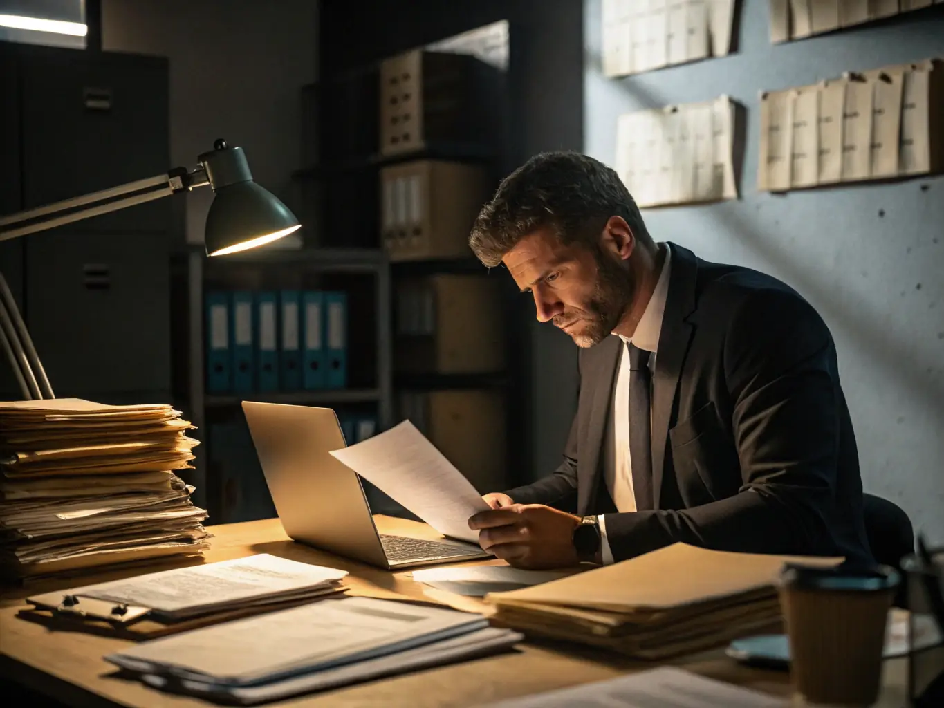 A professional consultant in business attire reviews blueprints and building inspection reports at a conference table, with compliance documents and a laptop visible, representing the assessment phase for regulated buildings.